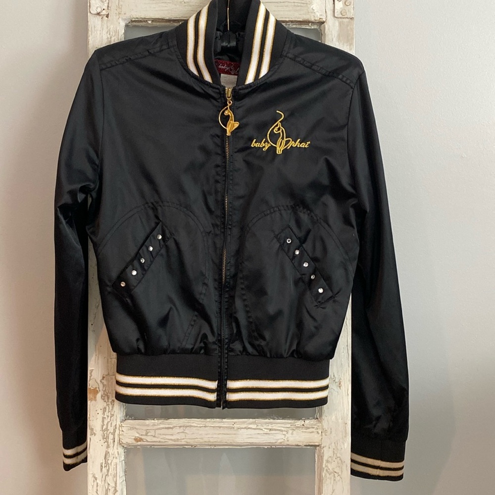 Baby Phat Black and Gold Satin Bomber Jacket